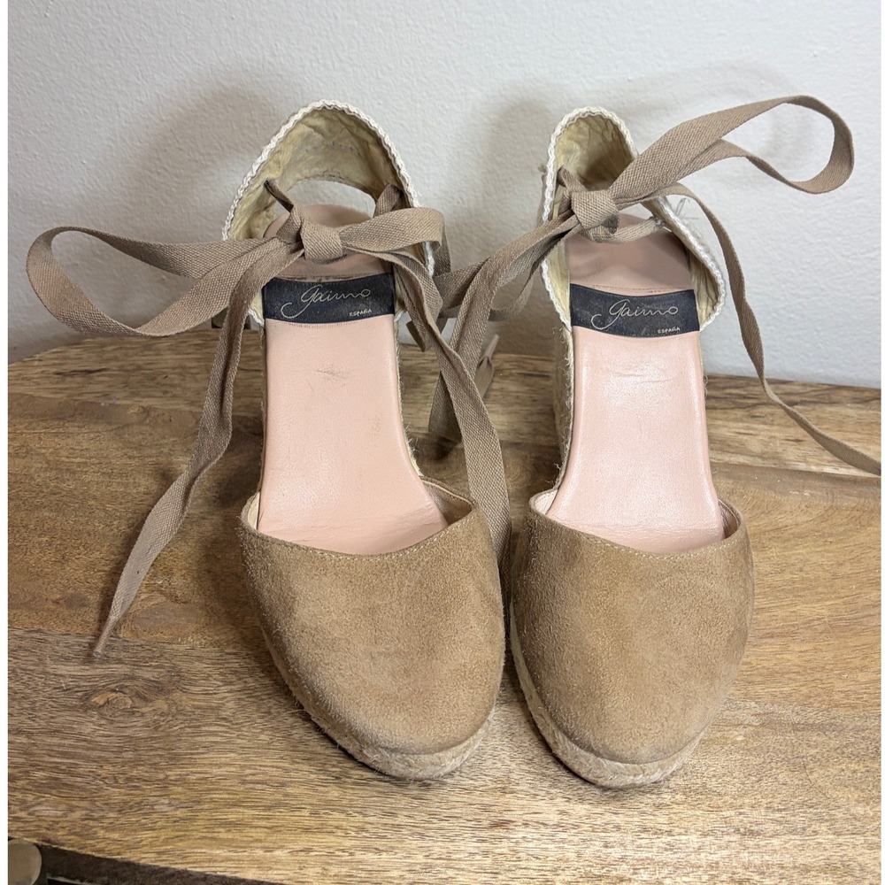 Gaimo Tan Suede Espadrille Wedges Ribbon Ankle Tie Made in Spain EU 37